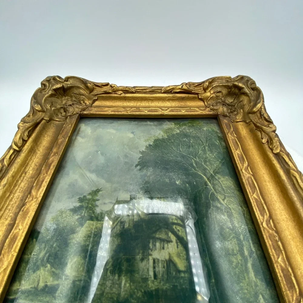 Vintage 10x9 Framed Landscape Gold Ornate Rococo Pastoral Scene Gilt Rustic